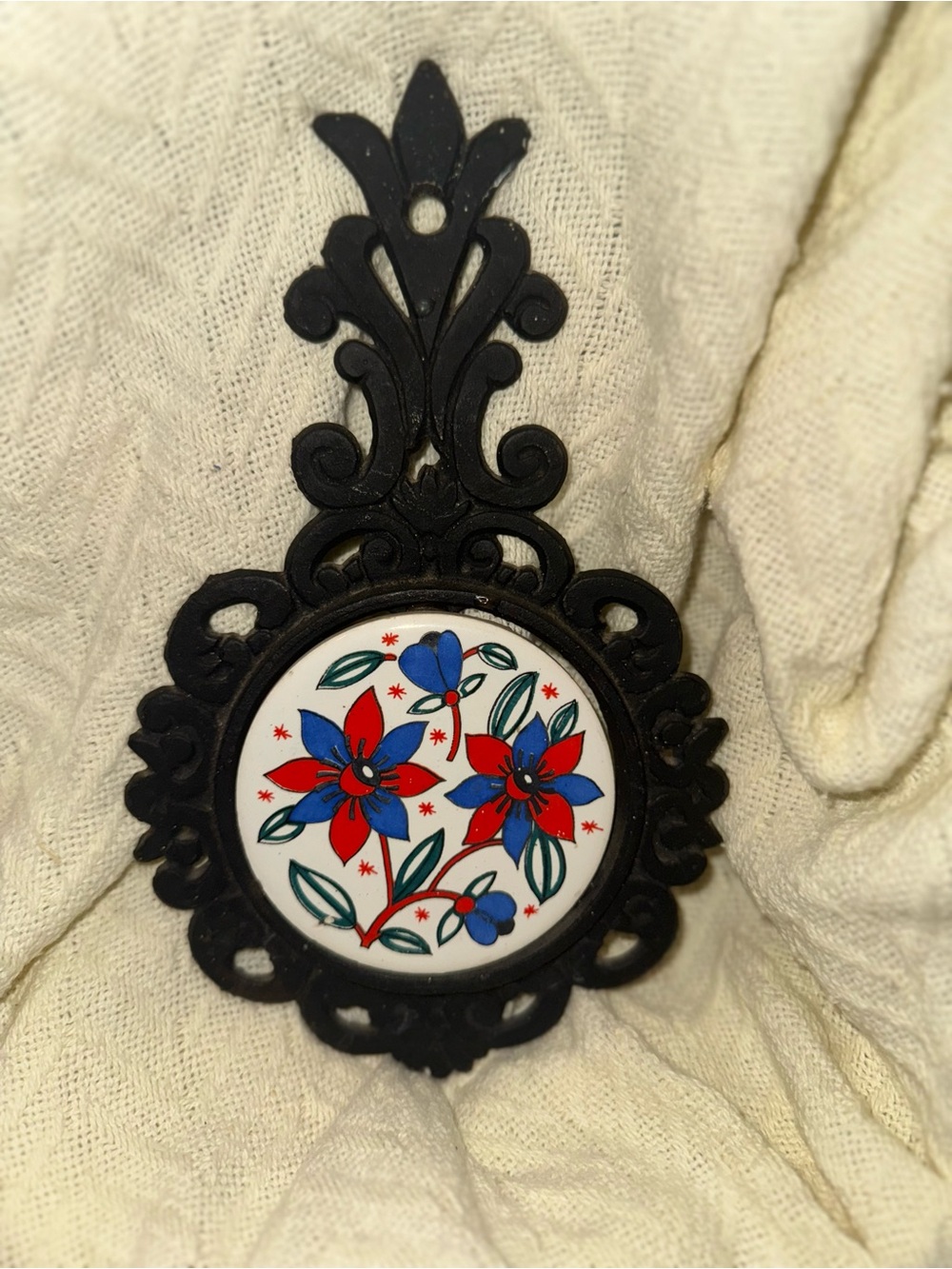 Vintage Black Wall Plaque with Red & Blue Floral Tile